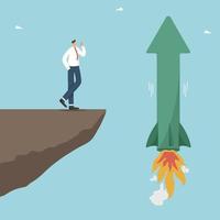 Innovative solution or invention of a product, riskiness of a new business or investment, vision of their profitability and quick payback, man stands on a rock and looks at a rocket arrow taking off. vector