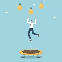 In search of brilliant ideas and solutions for business development, innovation, gaining new knowledge, a creative approach to achieving goals, a man jumps on a trampoline to reach for a light bulb. vector