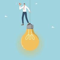 Brilliant ideas and plans to develop business and overcome difficulties, teamwork leadership, intelligence and creativity to achieve goals, a man stands on a light bulb and speaks into a loudspeaker. vector