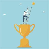 Victory and triumph in business, achieving maximum success or career growth, receiving an award or award for the work done and innovation, man climbs a ladder from a winners cup and points to a star. vector