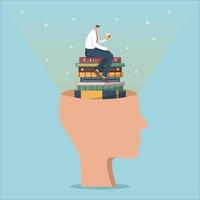 Reading books, learning and gaining new knowledge, developing intelligence and thinking, using wisdom to achieve goals and success, man reads a book and sits on a stack of books in a large human head. vector