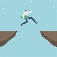 Find a strategy or a way to achieve goals, career growth, business planning to overcome difficulties, creative motivation to succeed, a man with a direction arrow in his hand is jumping from a cliff. vector