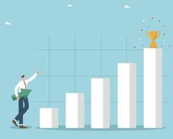 Business winning strategy, ways to achieve career goal and success, reward or prize awaits in the final, the man stands near a bar graph, like a ladder of success with a direction arrow. vector