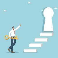 Find the secret key to success, ladder of career growth and personal improvement, motivation and opportunities for business growth, a businessman holds a golden key and points to a keyhole with steps. vector