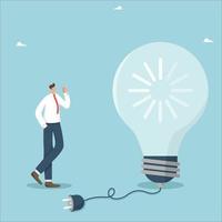 Looking for ways or method to solve a problem, ways or strategies for business development, new ideas or innovations to achieve success, a man thinks near a turned off light bulb with a download icon. vector