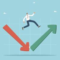 Overcoming the crisis and economic recovery, investment growth, reaching a new level of business, searching for a strategy or business development plan. A businessman jumps on the arrows on the chart. vector
