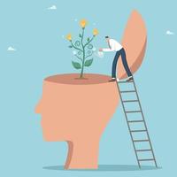 Personal growth or development of intellectual potential, grow a genius in yourself, creative thinking and intuition for business development and problem solving, man watering a tree with light bulbs. vector