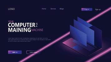 isometric laptop landing page says your computer is a mining machine vector