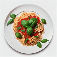 Pasta on Plate with Basil Leaves. photo