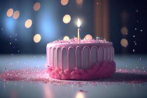 Happy Birthday Greeting Card with Cake in Bokeh Background photo