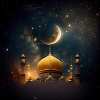 Background with Arabic Mosque and Arabic Moon on the Starry Sky. photo