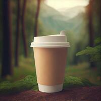 Coffee to go on a background with green plants. Illustration photo