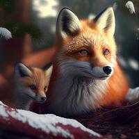 Fox and fox cub tumble in the Winter Forest. Illustration photo