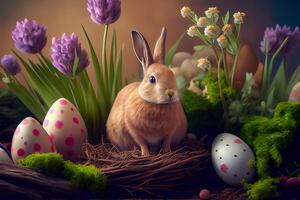 Happy Easter Greeting Background with Colorful Eggs and Bunny. photo