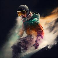 Man in ski goggles rides a snowboard from a snowy mountain. Illustration photo