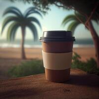 Coffee to go against the backdrop of a palm tree and the sea. Illustration photo