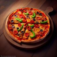 Pizza on wooden board. Illustration photo