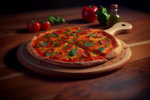 Pizza on wooden board. Illustration photo