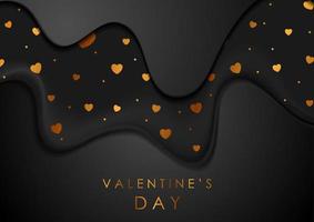 Black smooth waves and golden hearts luxury background vector