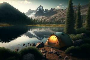 Landscape with camping tent, mountains and forest in background. Digital illustration. AI photo