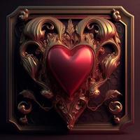 rojo corazón con dorado decoración. digital ilustración ai foto