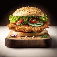 Crispy chicken burger with tomato lettuce. photo