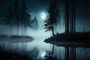 Night landscape with forest, lake and full moon. AI photo