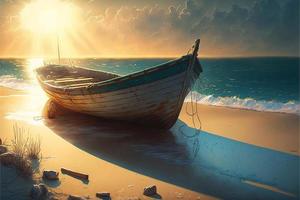 Beach landscape with boat, sea and sky with clouds and sun. AI photo