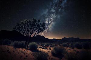 Desierto noche paisaje con cactus montañas y lechoso camino en el cielo. generativo ai foto