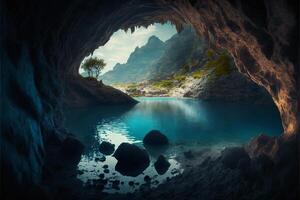 Cave with lake of blue water with mountains in the background. photo