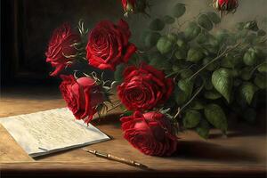 Flowers, red roses with love letter on the table, valentine's day. AI photo