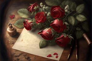 Flowers, red roses with love letter on the table, valentine's day. AI photo