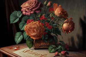 Flowers, red roses with love letter on the table, valentine's day. AI photo