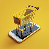 Shopping cart on mobile phone screen, yellow background. AI photo