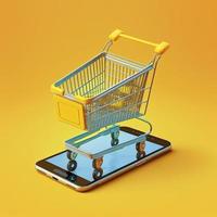 Shopping cart on mobile phone screen, yellow background. AI photo