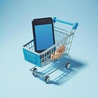 Shopping cart with cell phone inside, background. AI photo