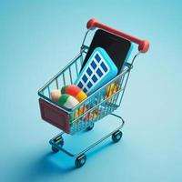 Shopping cart with cell phone inside, background. AI photo
