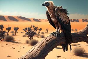 Landscape with vulture on dry branch with desert in background. AI photo
