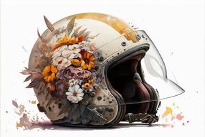 antiguo guerra del piloto casco, deteriorado con flores digital ilustración ai foto