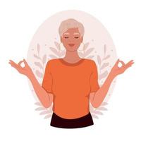 Elderly woman with closed eyes meditating. Meditation practice. The concept of zen and harmony. vector