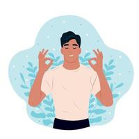 hombre con cerrado ojos meditando estrés conciencia mes. el concepto de zen y armonía. mental salud conciencia mes. vector