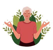 Elderly woman with closed eyes meditating. Mental Health Awareness Month banner. Meditation practice. The concept of zen and harmony. vector