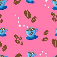 vector illustration seamless pattern coffee grains and cup of coffee on pink