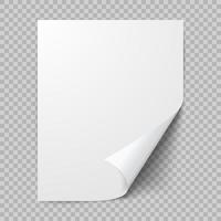 Curled sheet of paper. Empty blank of paper with twisted corner. Vector illustration