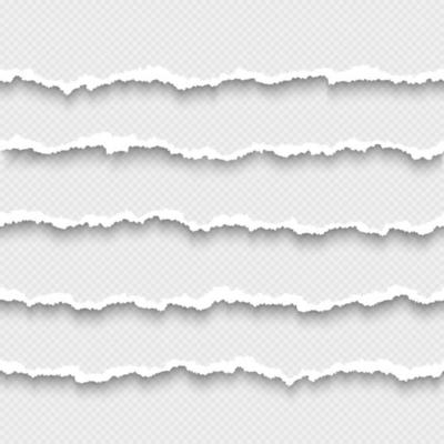 Set of horizontal torn white paper with shadow. Damaged cardboard borders. Ripped stripes of paper. Vector illustration