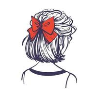 Fashionable hairstyle with a red hair bow. Cute female hairstyle with hair accessory. Back view. Hand drawn vector illustration in doodle style isolated on white background.