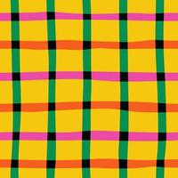 Naive seamless vibrant checkered pattern in doodle style on a yellow background. Bright minimalistic Contemporary graphic bauhaus design in vibrant rainbow colours. Abstract trendy gingham plaid. vector