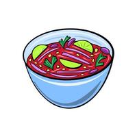 Vector illustration Mexican soup with lime and chili in a cute cartoon style. Traditional Mexican dish.