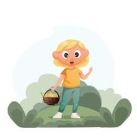 blanco niña recoge flores en un cesta camina en el parque, primavera aficiones, al aire libre actividades. vector, dibujos animados estilo.