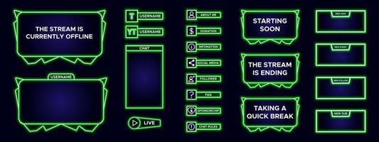 Set of modern design element for overlay game streaming screen panel. Green game frame for internet broadcast and online video. Futuristic live stream frame for interface. Vector technology template.